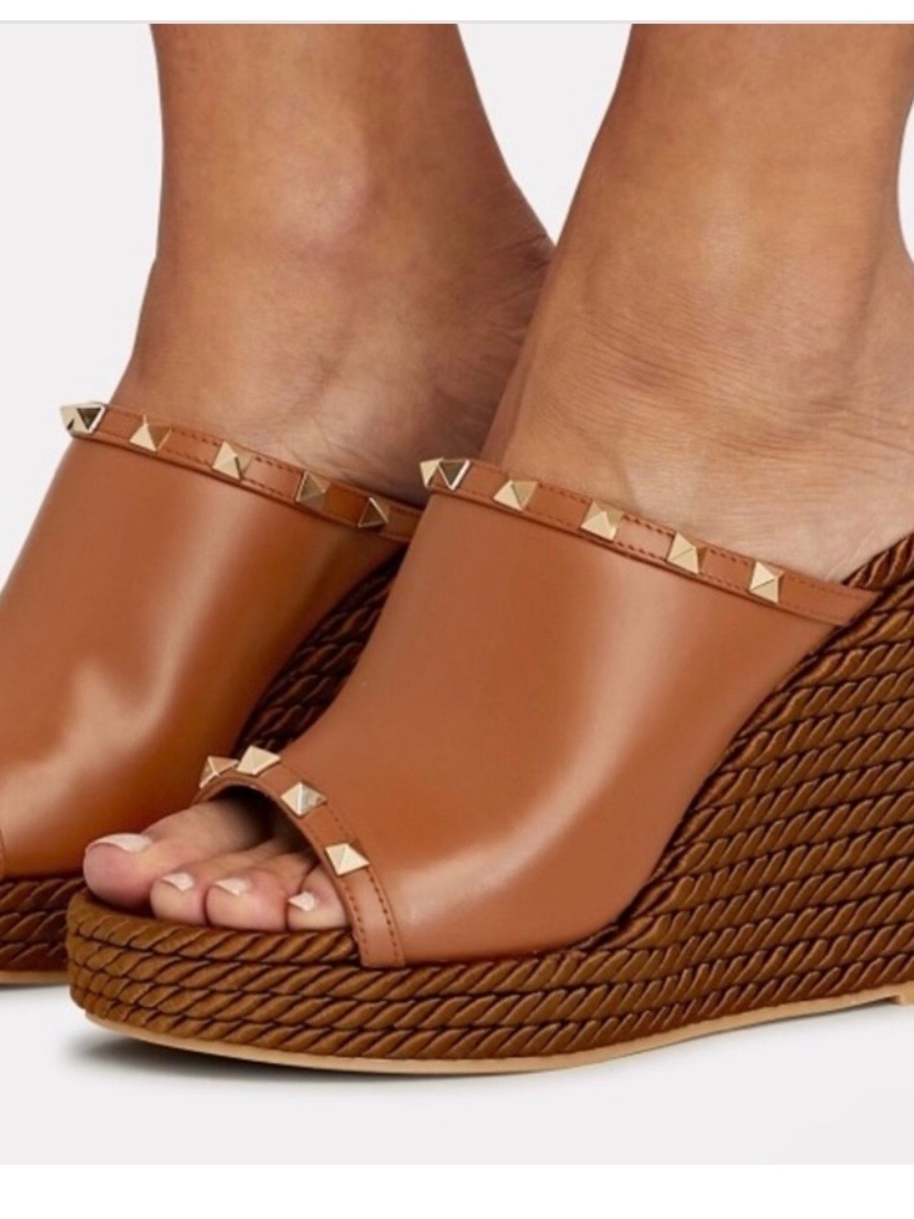 White House Black Market Brown Leather Wedge Sandals with Gold Studs